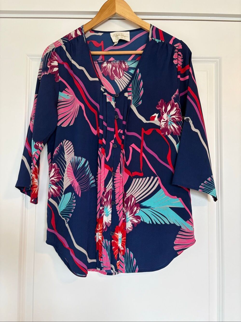 Yumi Kim Floral Roll Tab Sleeves Blue Pink Button Blouse Top Size Small